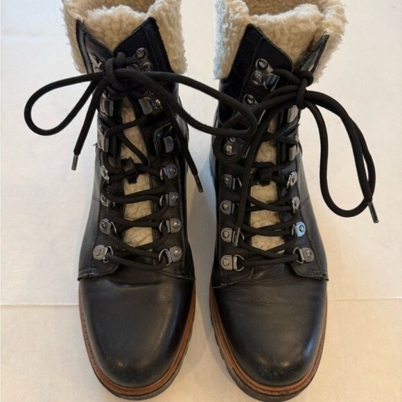 Marc Fisher Isabel Black Leather Faux Fur Lined Lace-Up Hiker Boots Size 9M - Picture 3 of 11